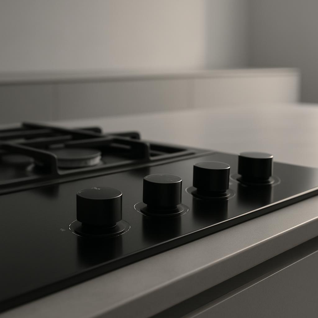 A stove top and cooktop in a kitchen setting. Image is overlaid with a monochrome effect. There are no food or beverages o...