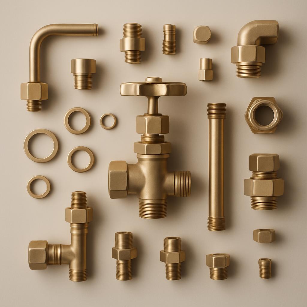 A collection of various brass fittings, including bolts, nuts, and pipes.