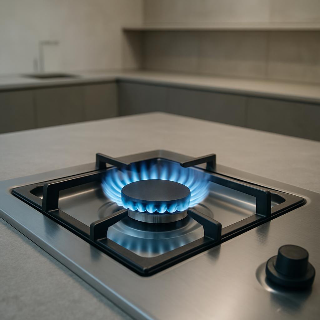 A clean kitchen stove with a blue flame on a square burner. There is a black knob on the right side of the image and metal...